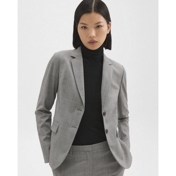 Theory Carissa Women's 8 Slim Tartan Plaid Wool Gray Two Button Blazer - Picture 1 of 15